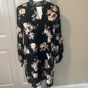 Floral Black and Pink dress, embellished neckline